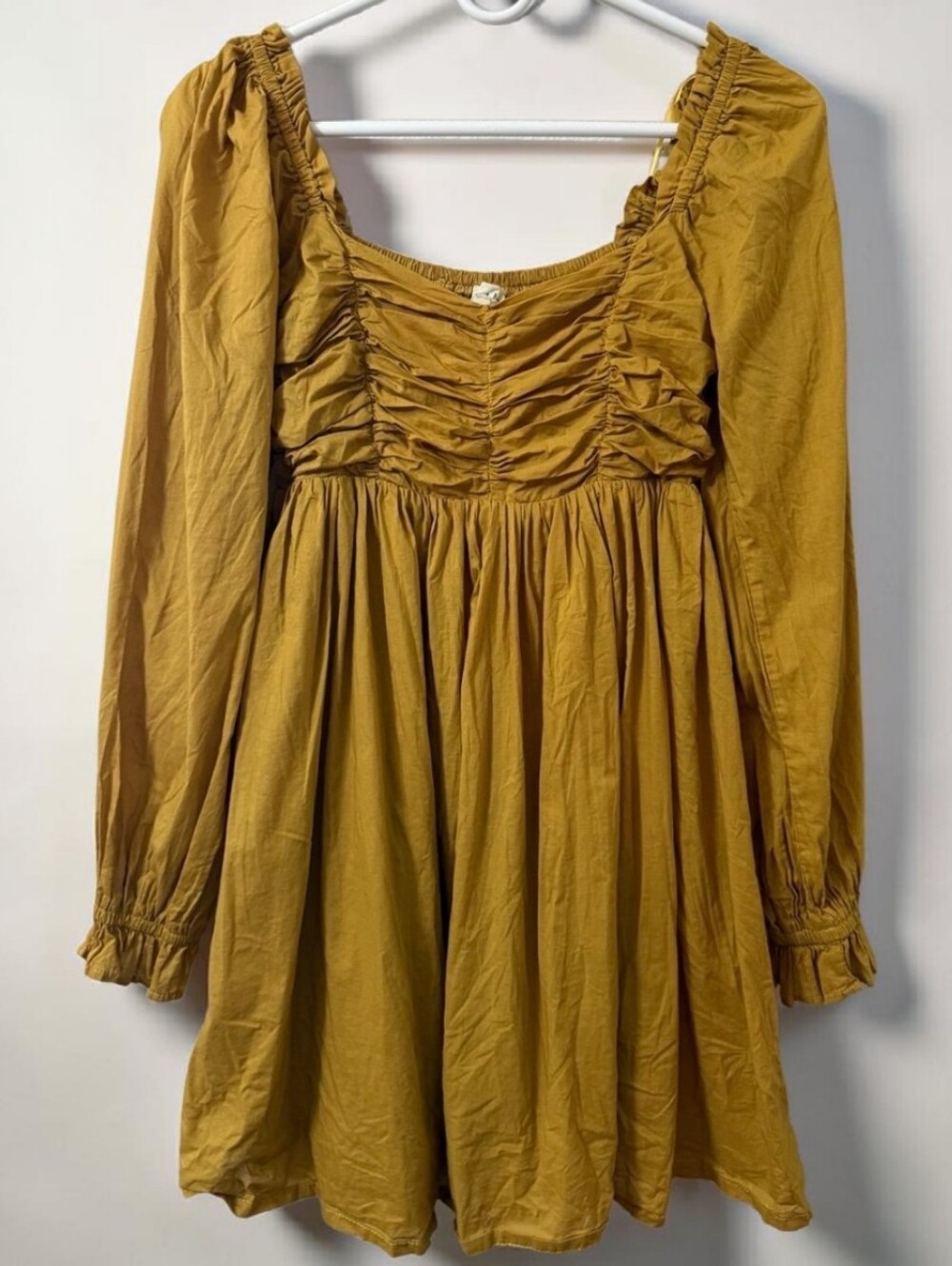 Aaron & Amber Mustard Yellow Ruched Babydoll Romantic Dress Puff Sleeve Boho Med